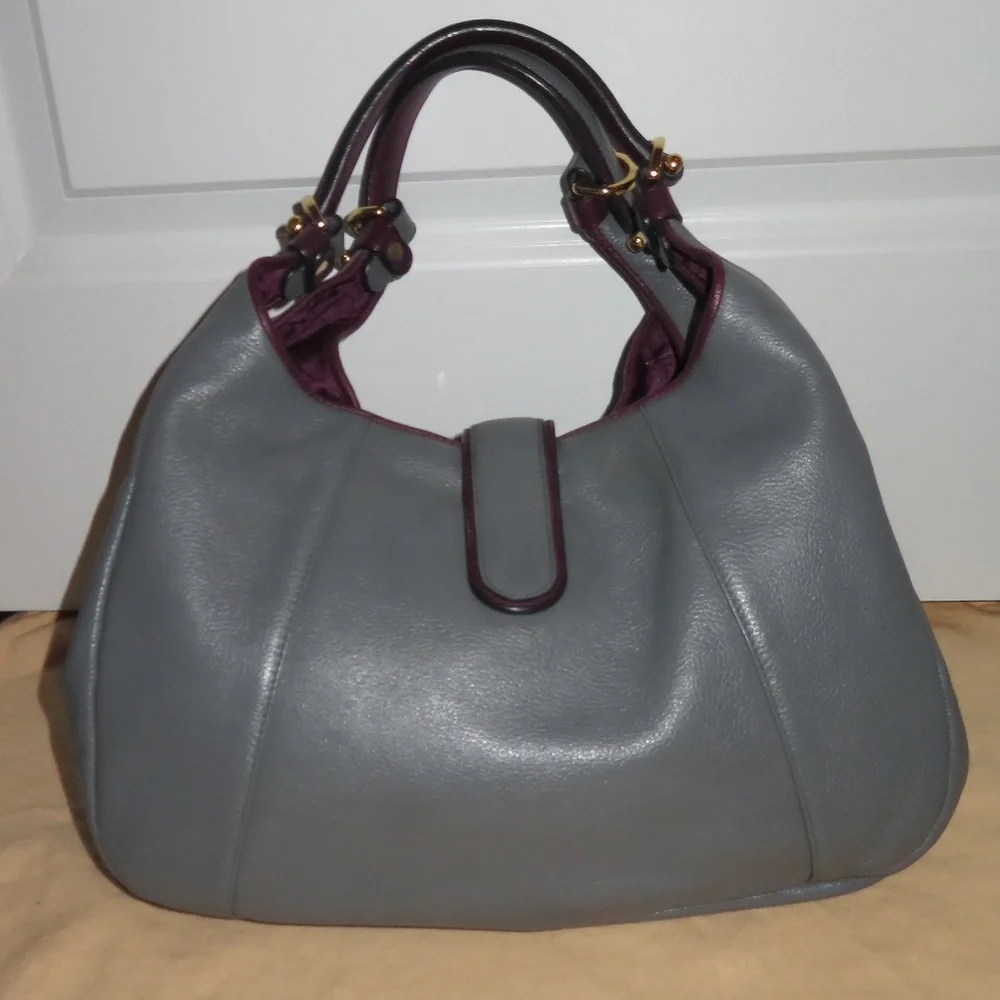 Loewe Calle Grey with Purple Trim Leather Hobo Bag